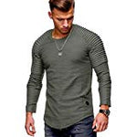 Sunhusing Mens Long Sleeve T-Shirt Striped Pleated Shoulder Casual Tops Solid Fold O-Neck Blouse by Sunhusing