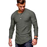 Sunhusing Mens Long Sleeve T-Shirt Striped Pleated Shoulder Casual Tops Solid Fold O-Neck Blouse by Sunhusing